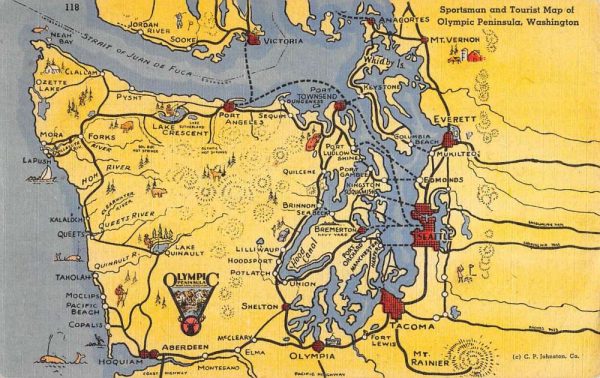 Olympic Peninsula Washington Sportsman Tourist Map Antique Postcard K101937