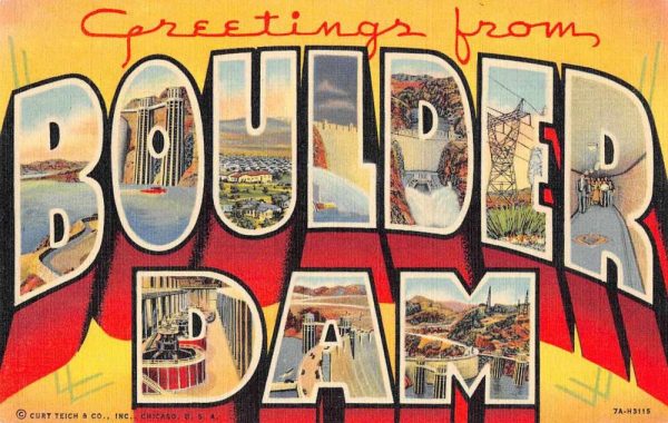 Boulder Dam Colorado Greetings From large letter linen antique pc Z49721