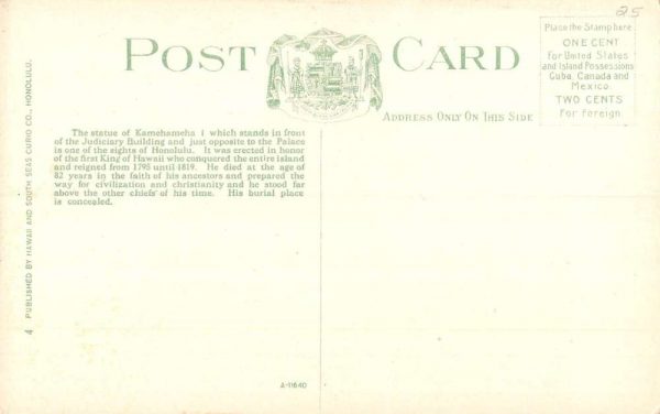 Honolulu Hawaii Statue Kamehameha Street View Antique Postcard K102007 - Image 2