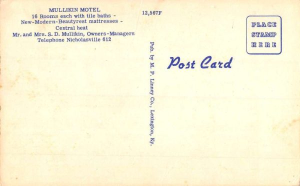 Nicholasville Kentucky Mullikin Motel Street View Antique Postcard K102254 - Image 2