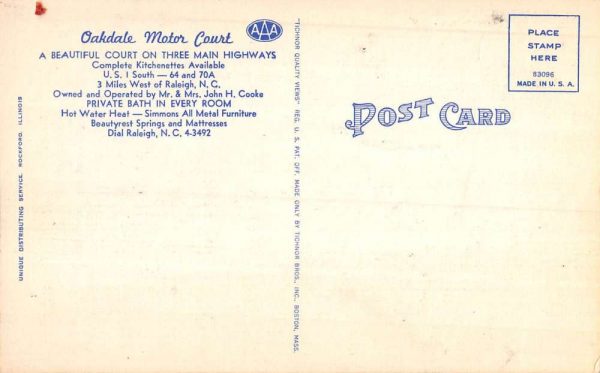 Cary North Carolina Oakdale Motor Court Street View Antique Postcard K102255 - Image 2