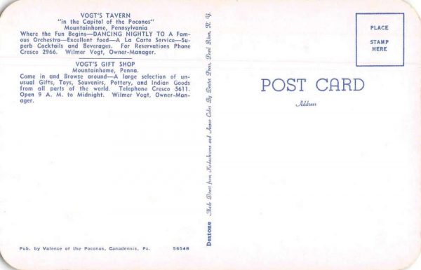 Mountainhome Pennsylvania Vogt's Tavern and Gift Shop Vintage Postcard J78884 - Image 2