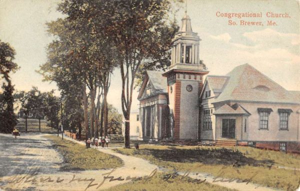 South Brewer Maine Congregational Church Street View Antique Postcard K102327