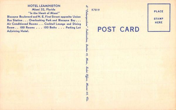 Miami Florida Hotel Leamington Art Deco Antique Postcard K102454 - Image 2