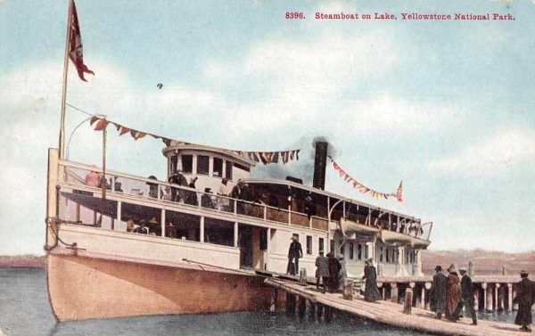 Yellowstone Nat'l Park Wyoming view of steamboat on lake antique pc Z49860