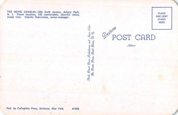 Asbury Park New Jersey Hotel Charles Street View Vintage Postcard K102588 - Image 2