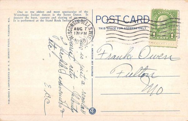 Wisconsin Dells Wisconsin Stand Rock Indian Scout Dance Postcard K102695 - Image 2