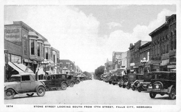 Falls City Nebraska Stone Street Scene Historic Bldgs Antique Postcard K102859