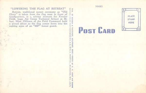Keesler Field Mississippi Lowering Flag At Retreat Antique Postcard K102954 - Image 2