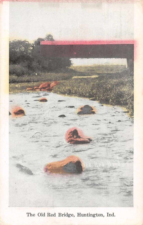 Huntington Indiana Old Red Covered Bridge Scenic View Antique Postcard J79089