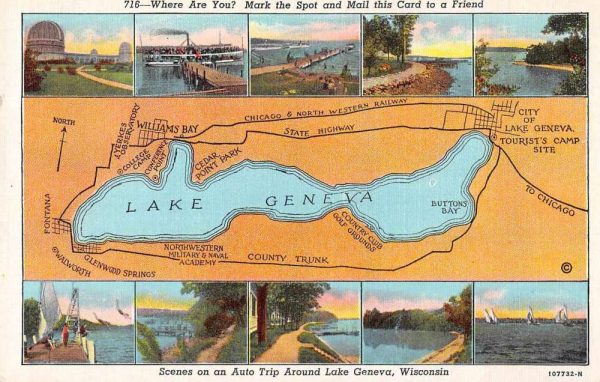 Lake Geneva Wisconsin Multiview with Map Antique Postcard J79195
