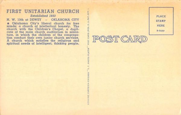 Oklahoma City Oklahoma First Unitarian Church Antique Postcard K103627 - Image 2