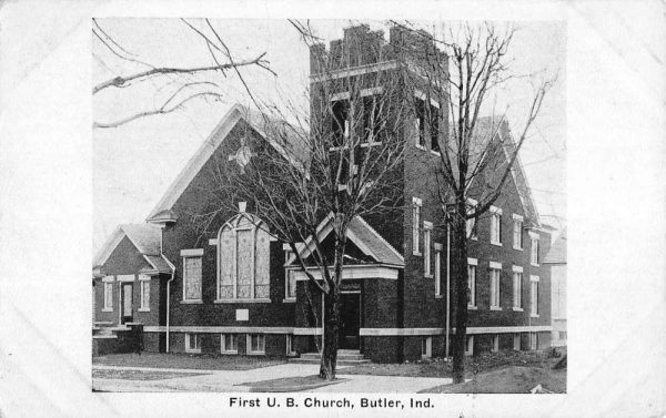 Butler Indiana First UB Church Street View Antique Postcard K101307