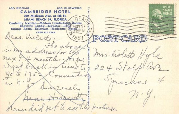 Miami Beach Florida Cambridge Hotel Art Deco Antique Postcard K103923 - Image 2