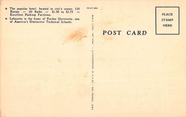 Lafayette Indiana Lahr Hotel Street View Antique Postcard K104291 - Image 2