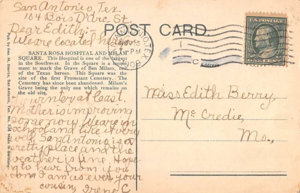 San Antonio Texas Santa Rosa Hospital Milam Square Antique Postcard K104300 - Image 2