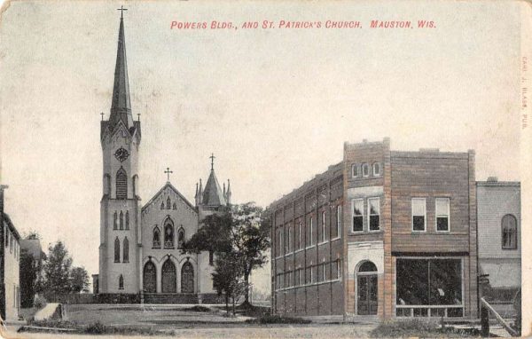 Mauston Wisconsin view of Powers Bldg & St Patrick's Church antique pc Z50247