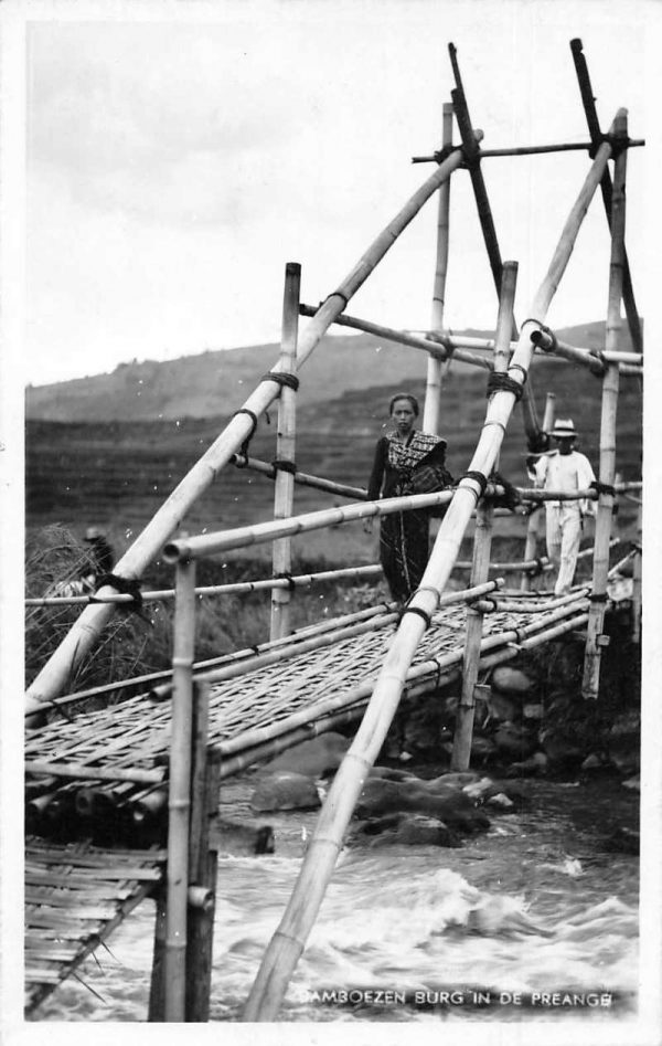 West Java Indonesia Bamboo Bridge Real Photo Antique Postcard J80058