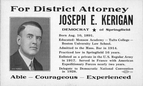 Massachusetts District Attorney Election Democrat Kerigan Postcard J80129