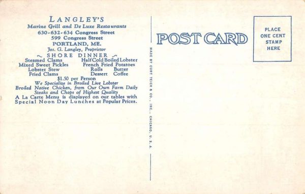 Portland Maine Langleys Marine Grill Street View Antique Postcard K104956 - Image 2