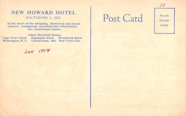 Baltimore Maryland New Howard Hotel Exterior View Antique Postcard J80159 - Image 2