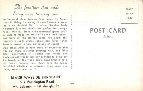 Pittsburgh Pennsylvania Blaise Wayside Furniture Co Vintage Postcard J80356 - Image 2