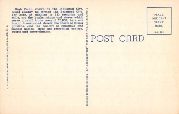 High Point North Carolina Large Letter Linen Antique Postcard K105193 - Image 2