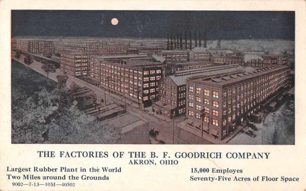 Akron Ohio BF Goodrich Co Factories at Night Antique Postcard J80471