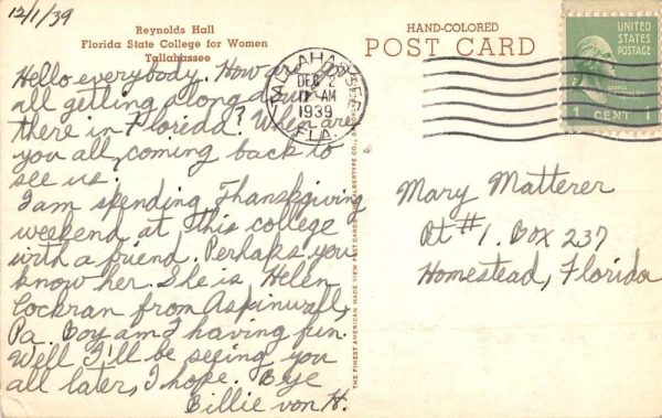 Tallahassee Florida State College For Women Reynolds Hall Postcard K105670 - Image 2