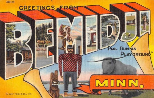 Bemidji Minnesota Large Letter Linen Antique Postcard K105677