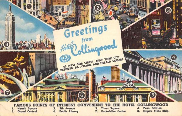 New York City Hotel Collingwood Multiview Antique Postcard K105679