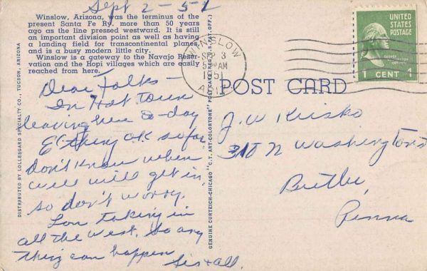 Winslow Arizona Large Letter Linen Antique Postcard K105680 - Image 2