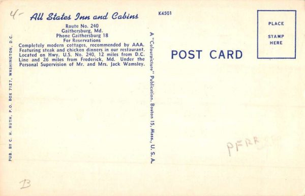 Gaithersburg Maryland All States Inn Multiview Antique Postcard K105726 - Image 2