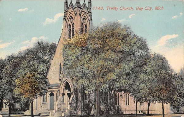Bay City Michigan Trinity Church Street View Antique Postcard K106248