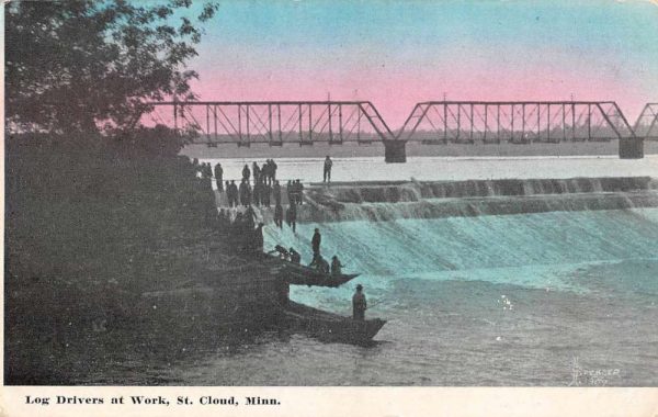St Cloud Minnesota Log Drivers At Work Waterfront Antique Postcard K106368