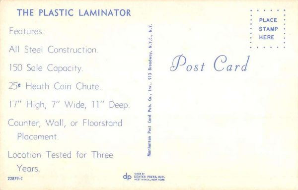 Plastic Laminator Vending Machine Advertisement Vintage Postcard K106433 - Image 2