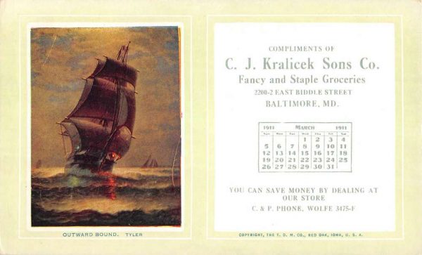 Baltimore Maryland Outward Bound Calendar Antique Postcard K106473