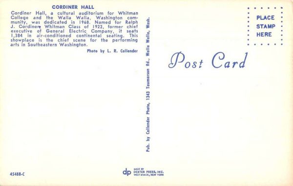 Walla Walla Washington Whitman College Cordiner Hall Vintage Postcard J80901 - Image 2