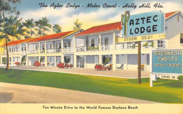 Holly Hill Florida Aztec Lodge Street View Antique Postcard K106889