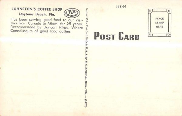 Daytona Beach Florida Johnston Coffee Shop Antique Postcard K106890 - Image 2