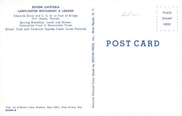 Fort Myers Florida Edison Cafeteria Lamplighter Restaurant Postcard K107005 - Image 2