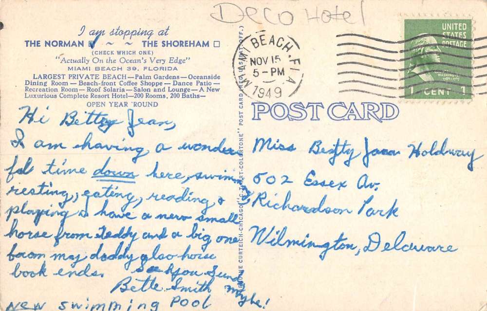 Miami Beach Florida Norman Deco Hotel Shoreham Antique Postcard K107128 - Image 2