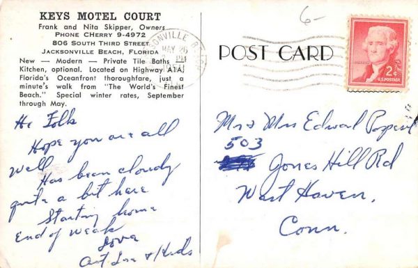 Jacksonville Beach Florida Keys Motel Court Antique Postcard K107191 - Image 2