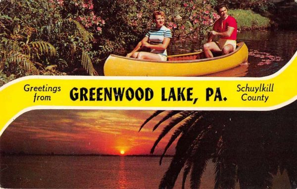 Greenwood Lake Pennsylvania Greetings People in Canoe Vintage Postcard J81000
