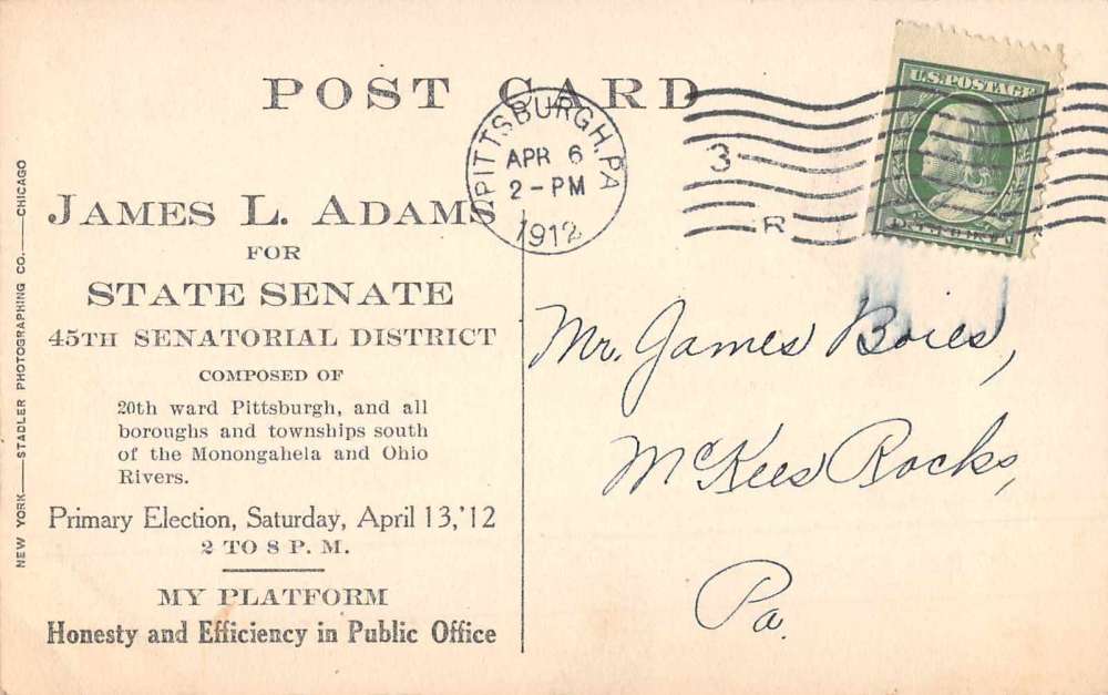James L Adams Pennsylvania State Senate Election Ad Real Photo Postcard J81265 - Image 2