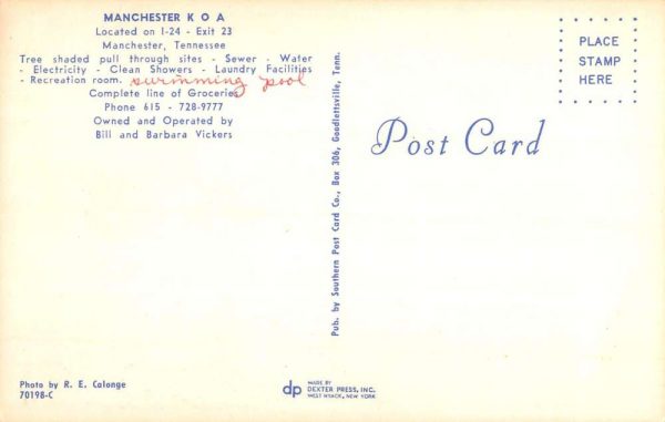 Manchester Tennessee KOA Campground Vintage Postcard K107711 - Image 2