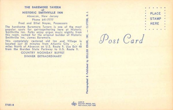 Absecon New Jersey Baremore Tavern Interior Vintage Postcard K107826 - Image 2