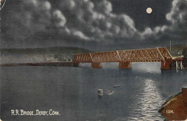 Derby Connecticut night scene boats at Railroad Bridge antique pc Z51214