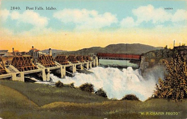 Post Falls Idaho panoramic birds eye view dam and bridge antique pc Z51219