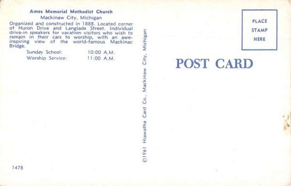 Mackinaw City Michigan outside Ames Memorial Methodist Church vintage pc Z51227 - Image 2